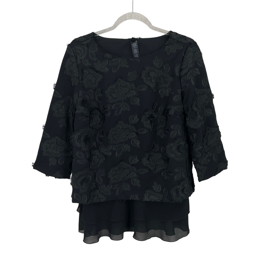 Chico's Black Label Blouse Embroidered M Black Floral Layered Whimsical Cocktail
